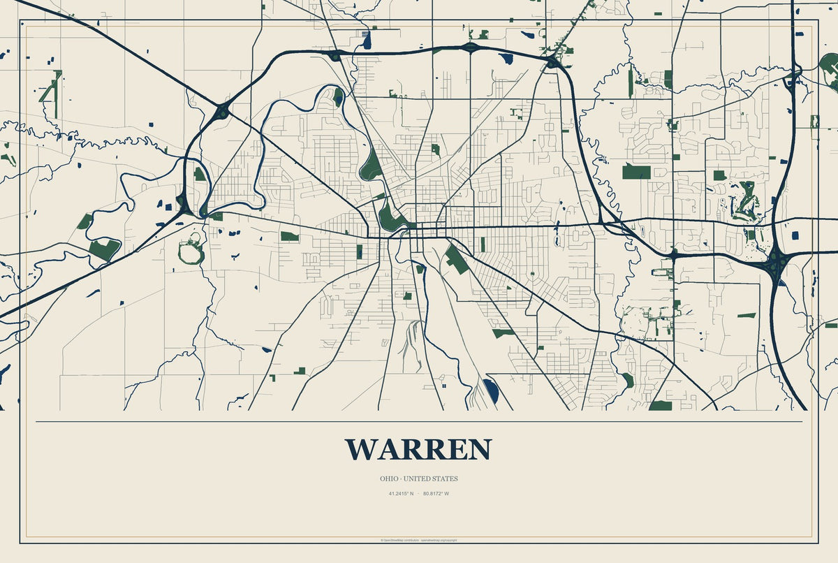 Warren, Ohio City Map Aluminum Sign in Coastal Cutout style