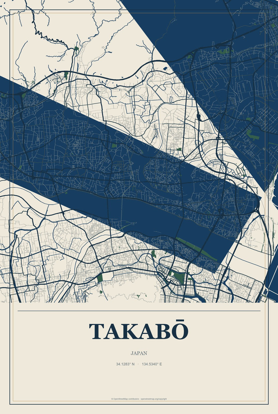 Takabō, Japan City Map Aluminum Sign in Coastal Cutout style