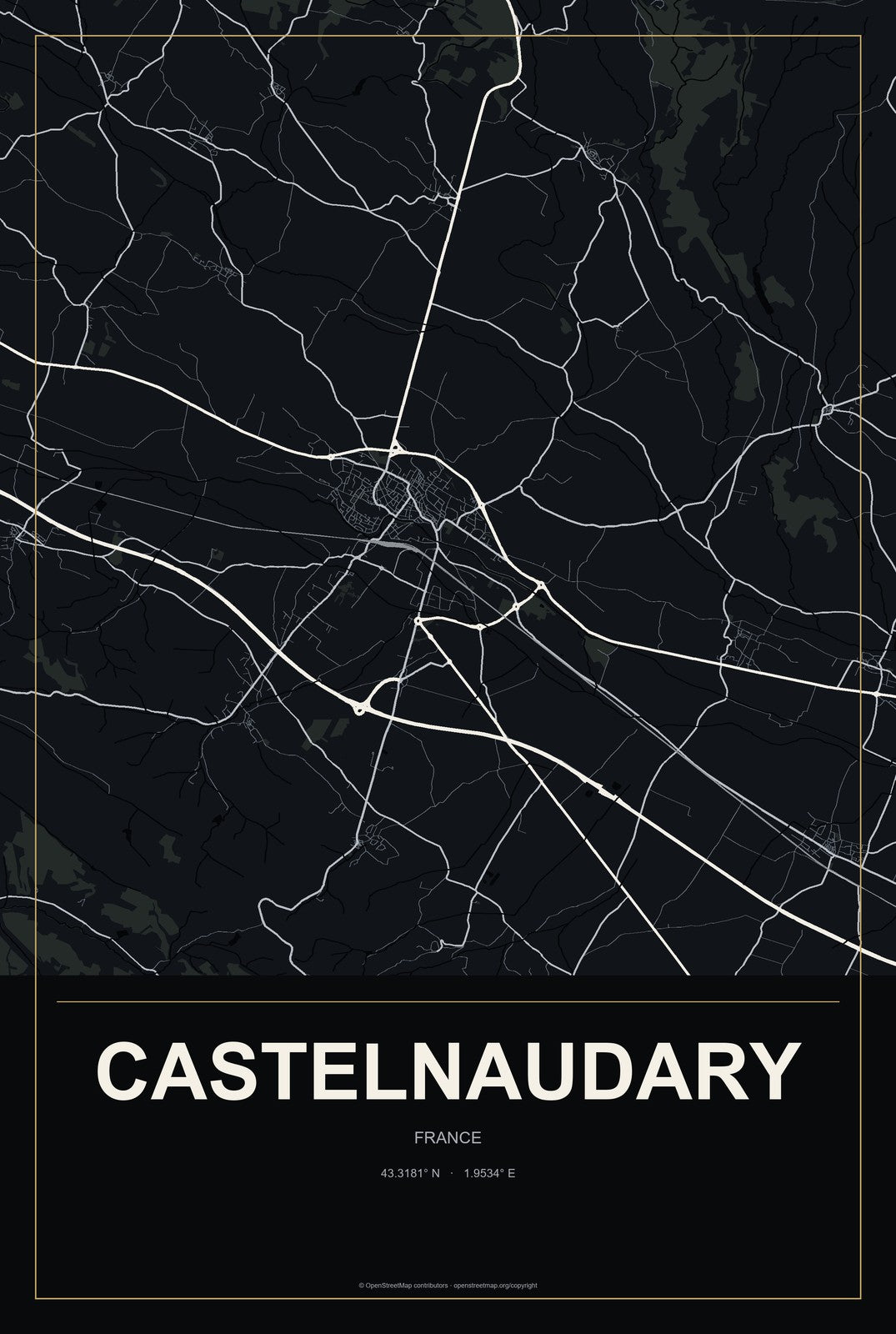 Castelnaudary, France City Map Aluminum Sign in Metropolitan Noir style