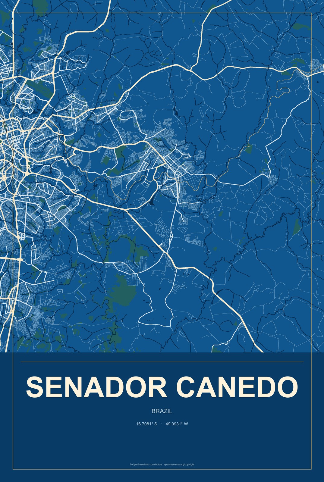 Senador Canedo, Brazil City Map Aluminum Sign in Harbor Cobalt style