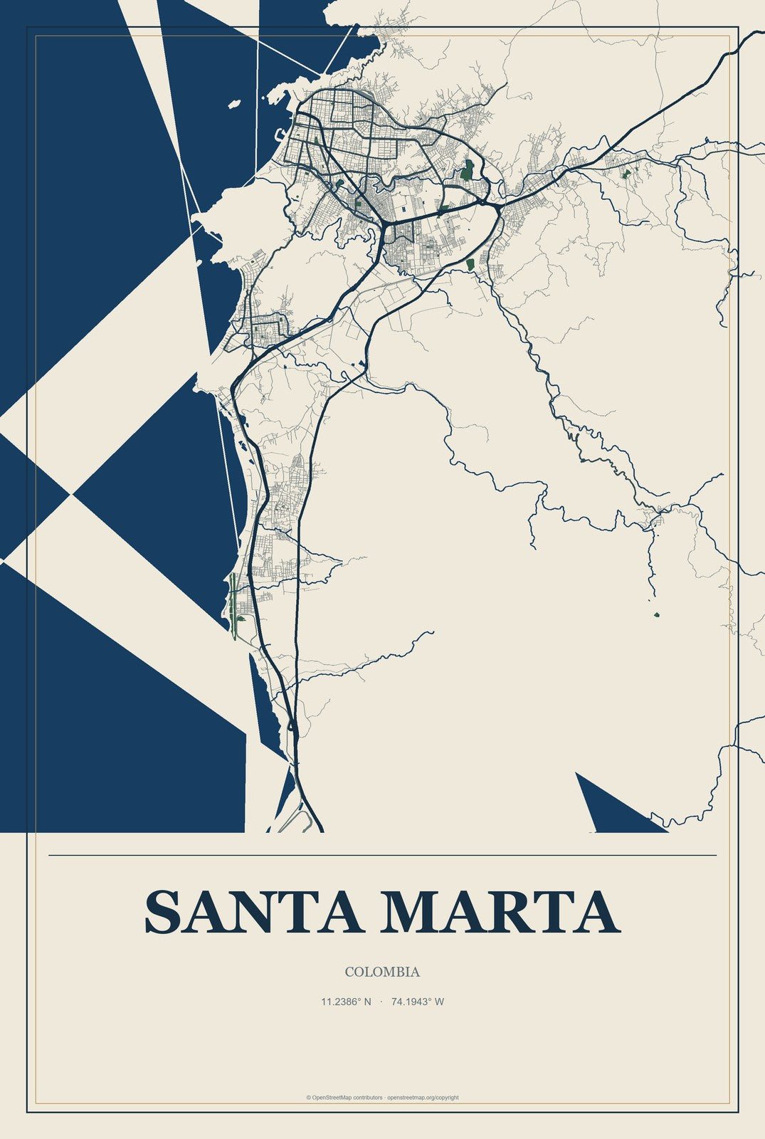 Santa Marta, Colombia City Map Aluminum Sign in Coastal Cutout style