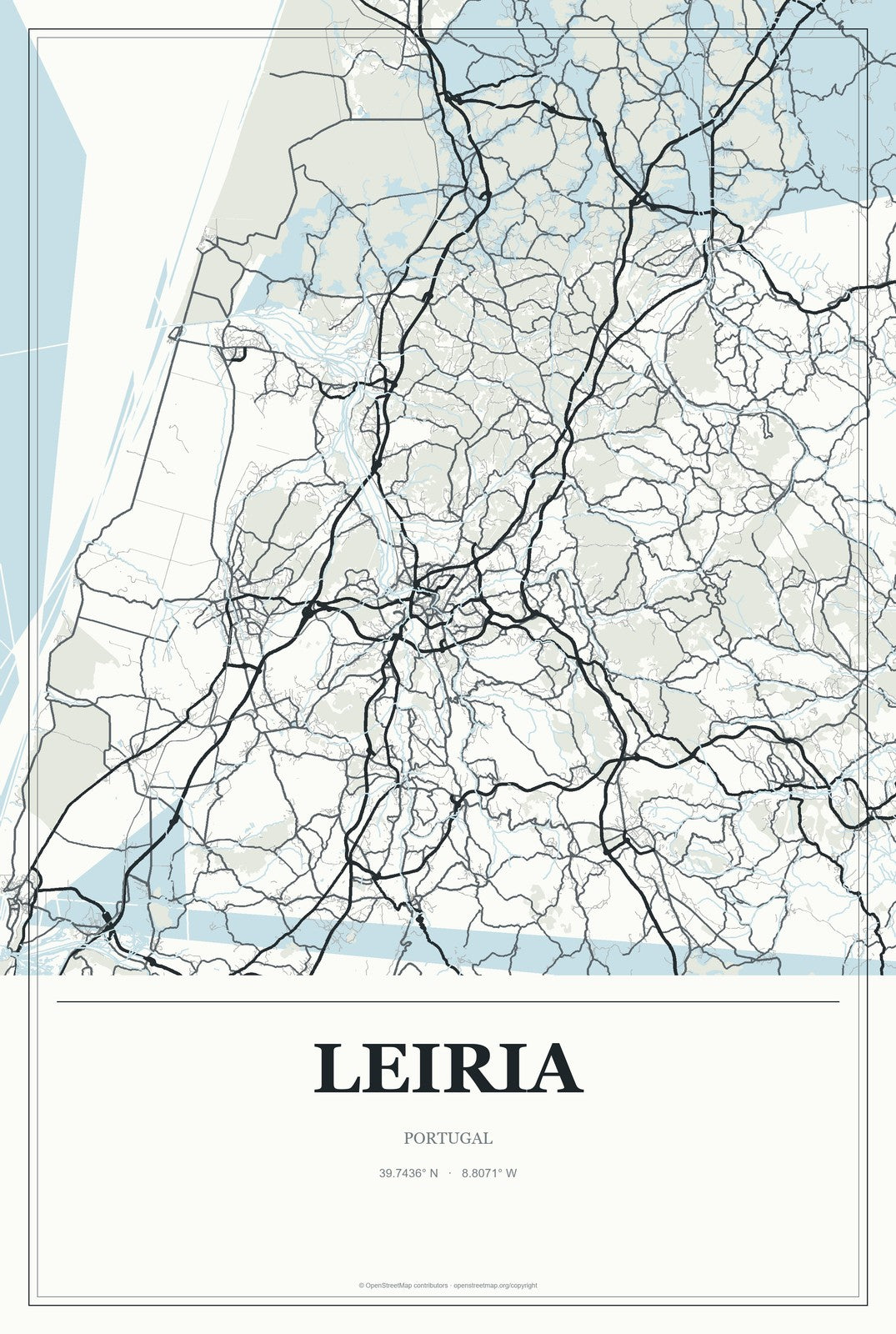 Leiria, Portugal City Map Aluminum Sign in Gallery Air style