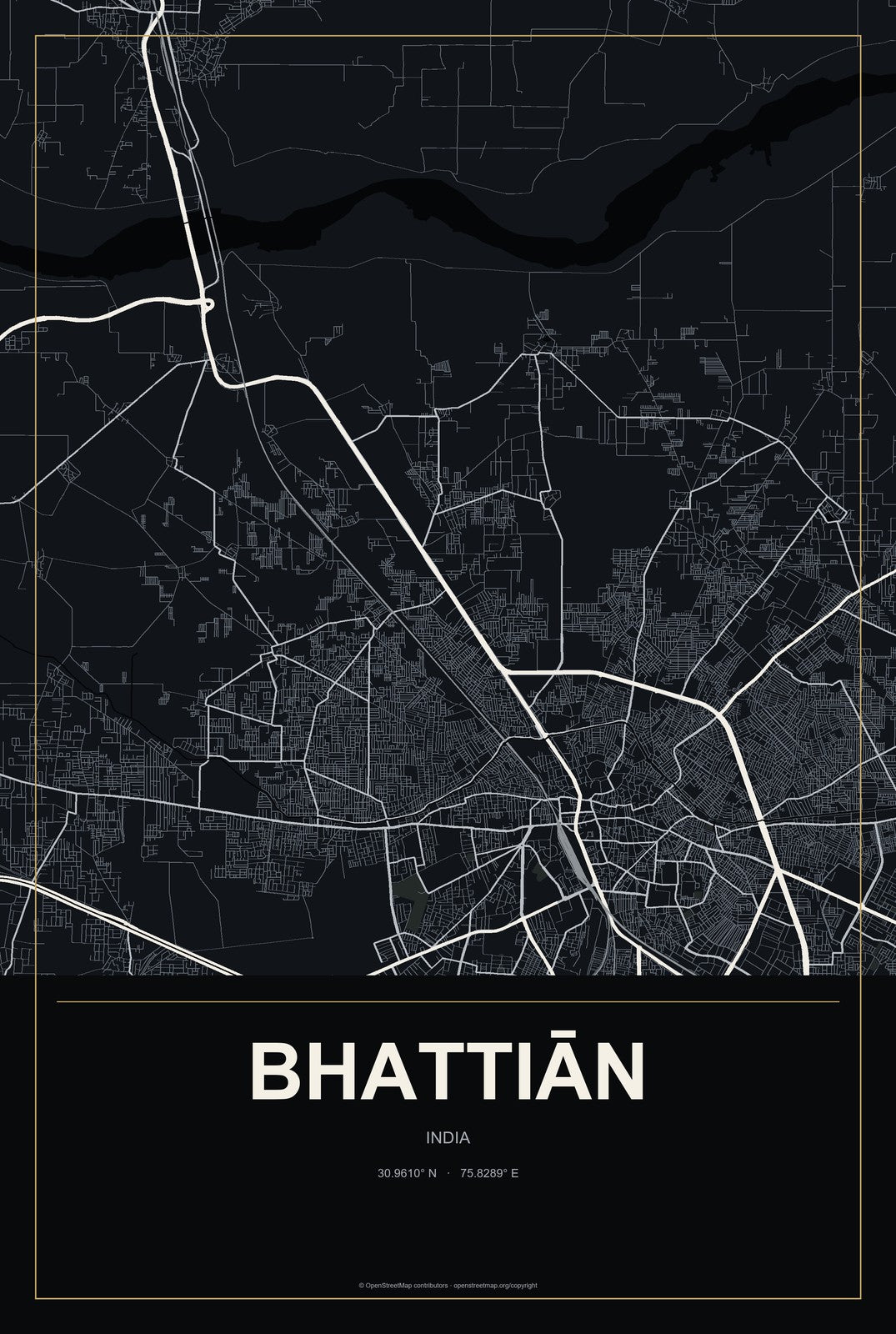 Bhattiān, India City Map Aluminum Sign in Metropolitan Noir style
