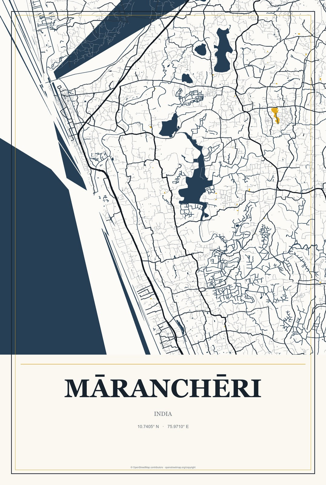 Māranchēri, India City Map Aluminum Sign in Citrine Modern style