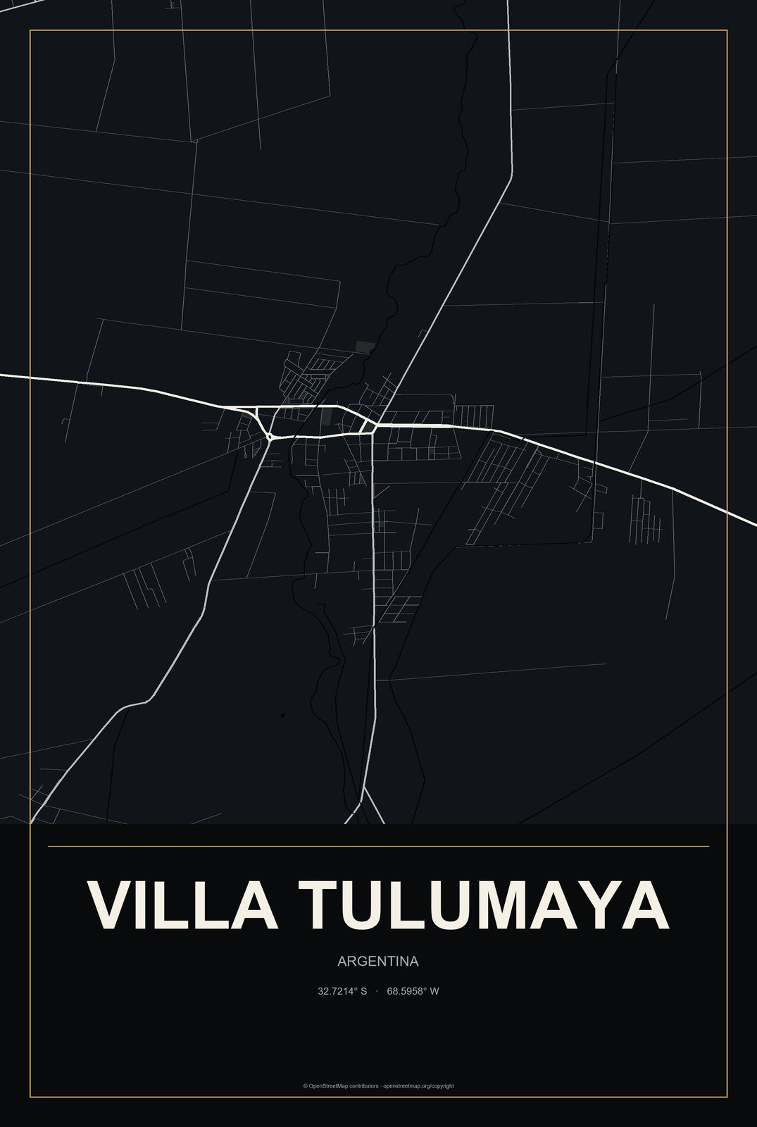 Villa Tulumaya, Argentina City Map Aluminum Sign in Metropolitan Noir style