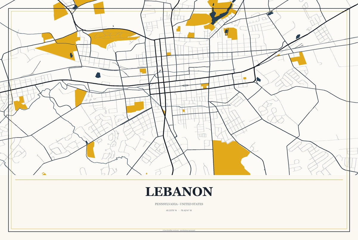 Lebanon, Pennsylvania City Map Aluminum Sign in Citrine Modern style