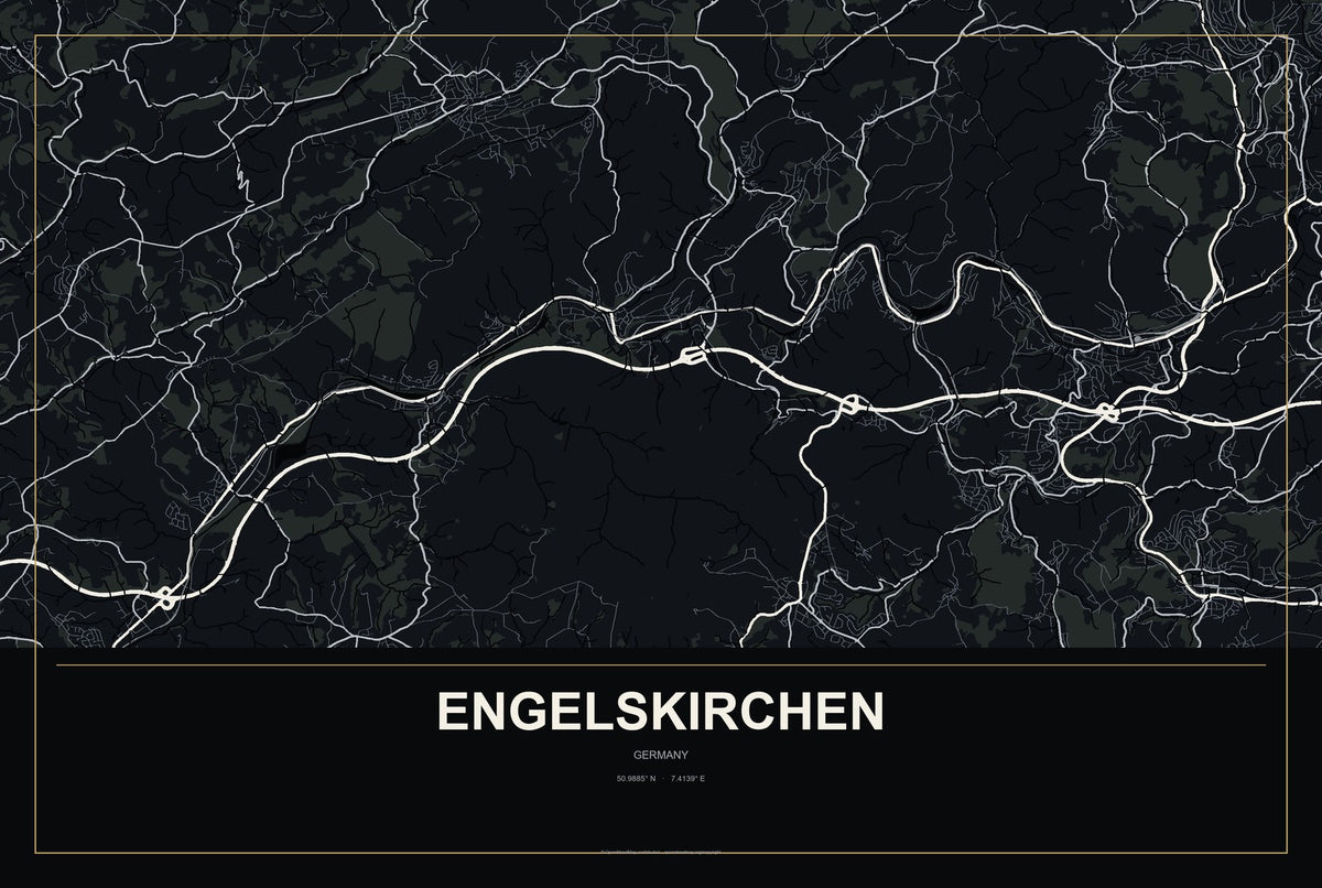 Engelskirchen, Germany City Map Aluminum Sign in Metropolitan Noir style