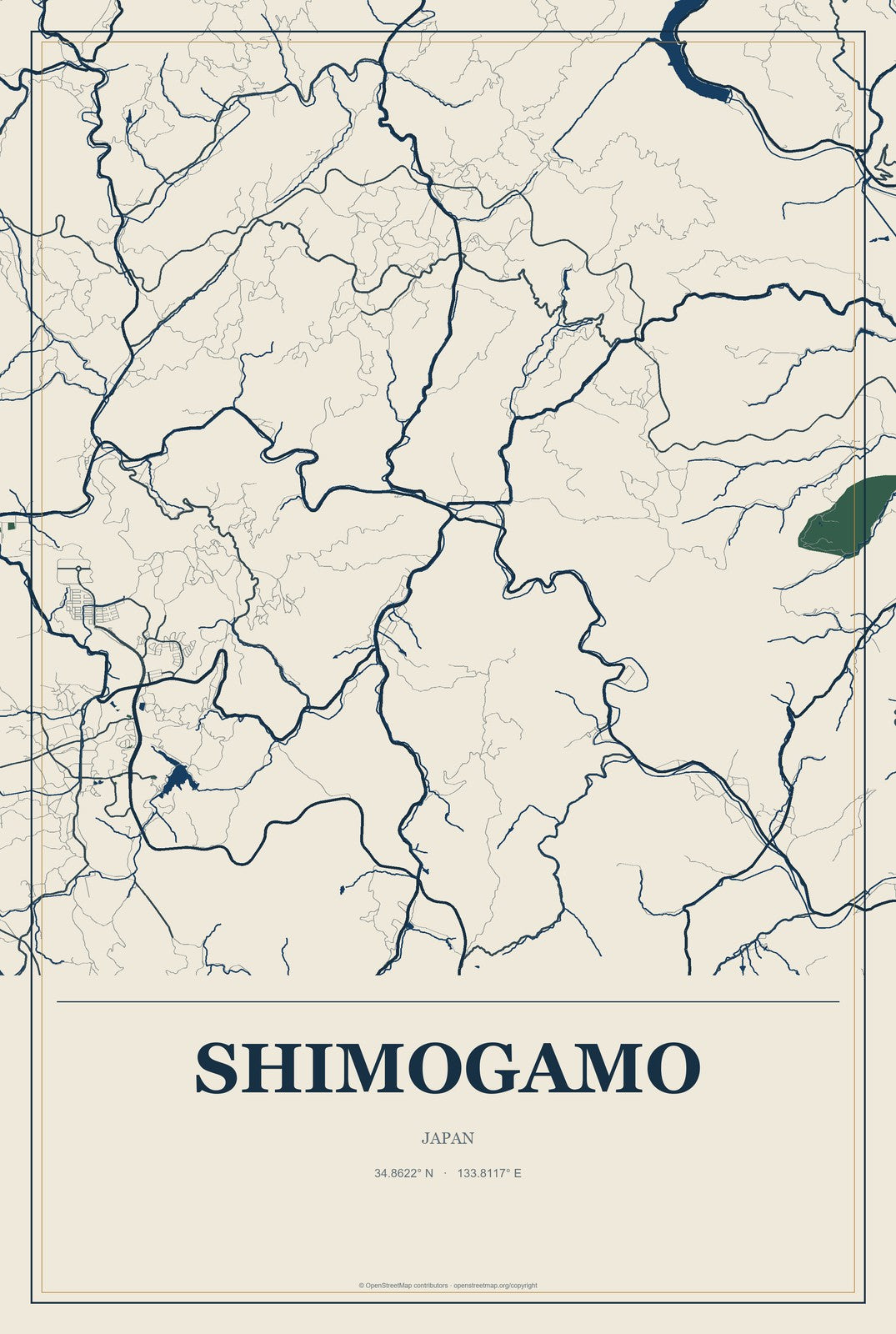 Shimogamo, Japan City Map Aluminum Sign in Coastal Cutout style
