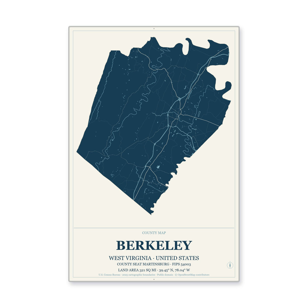 Berkeley County, West Virginia Map Aluminum Sign in Coastal Cutout style