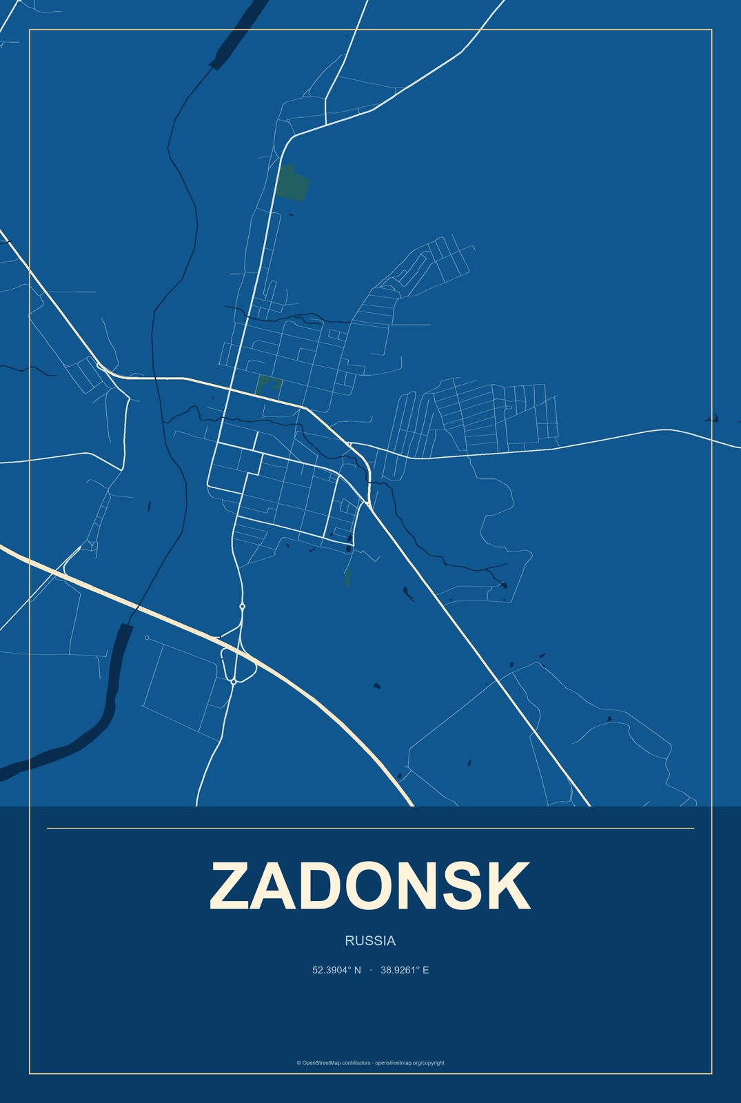 Zadonsk, Russia City Map Aluminum Sign in Harbor Cobalt style