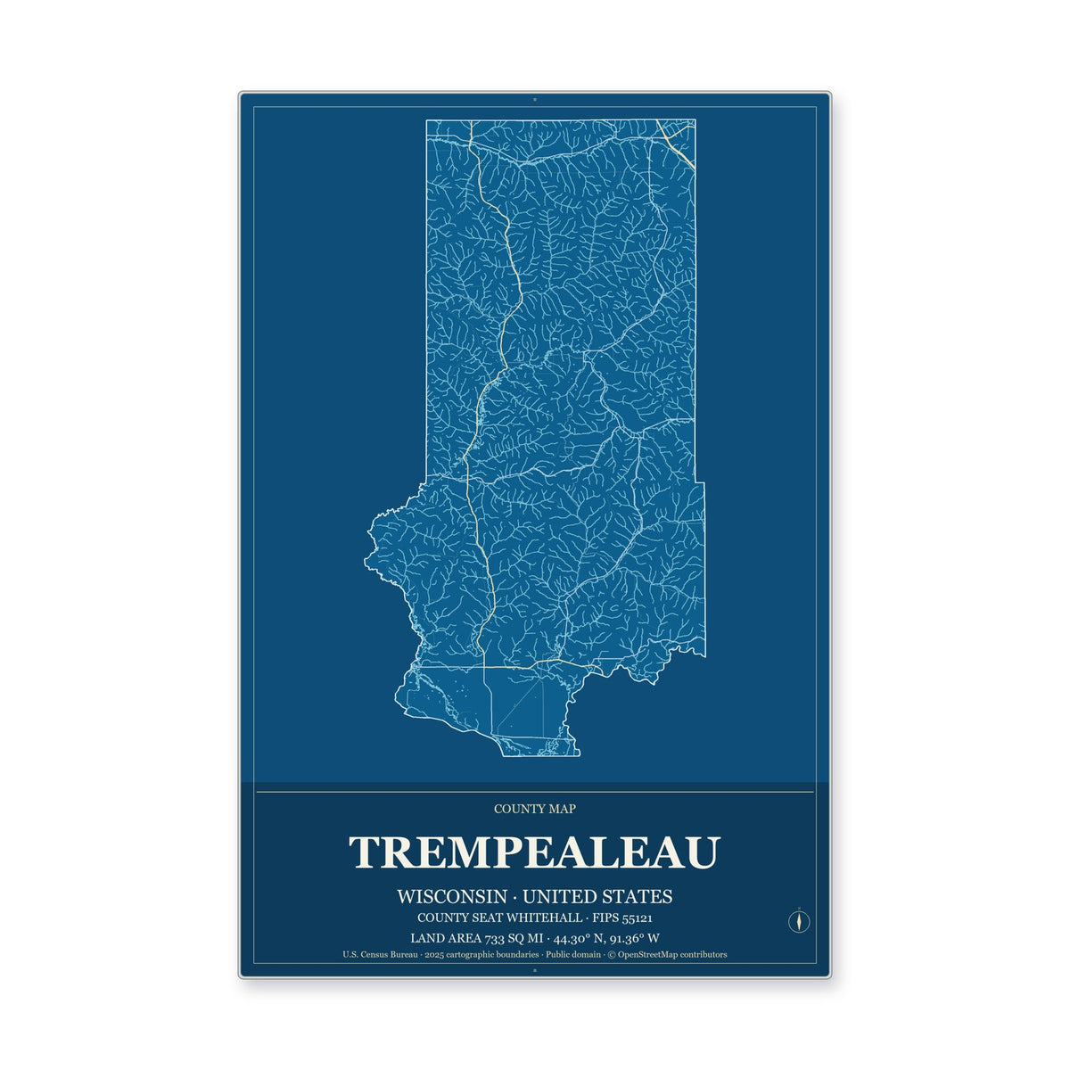 Trempealeau County, Wisconsin Map Aluminum Sign in Harbor Cobalt style