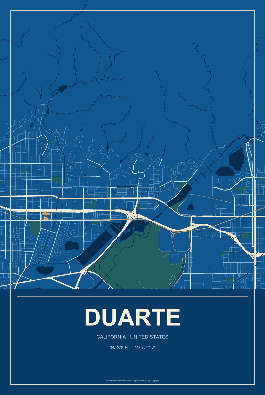 Duarte, California City Map Aluminum Sign in Harbor Cobalt style