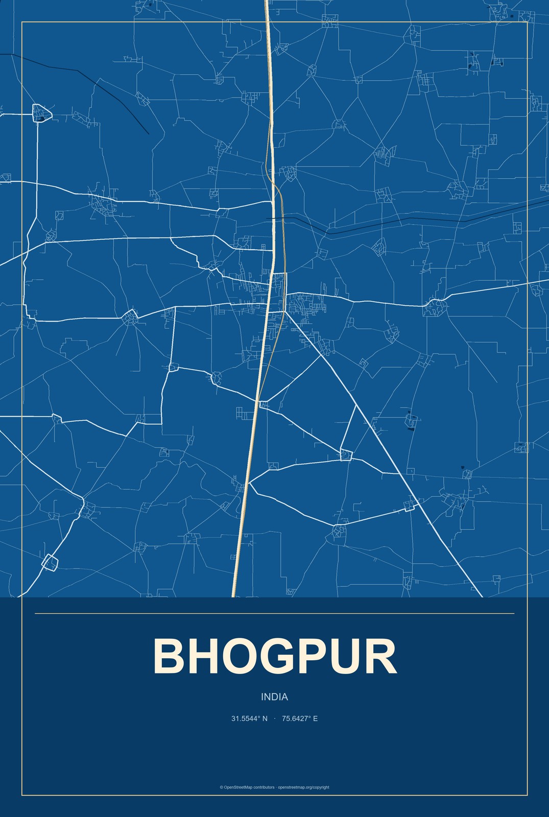 Bhogpur, India City Map Aluminum Sign in Harbor Cobalt style