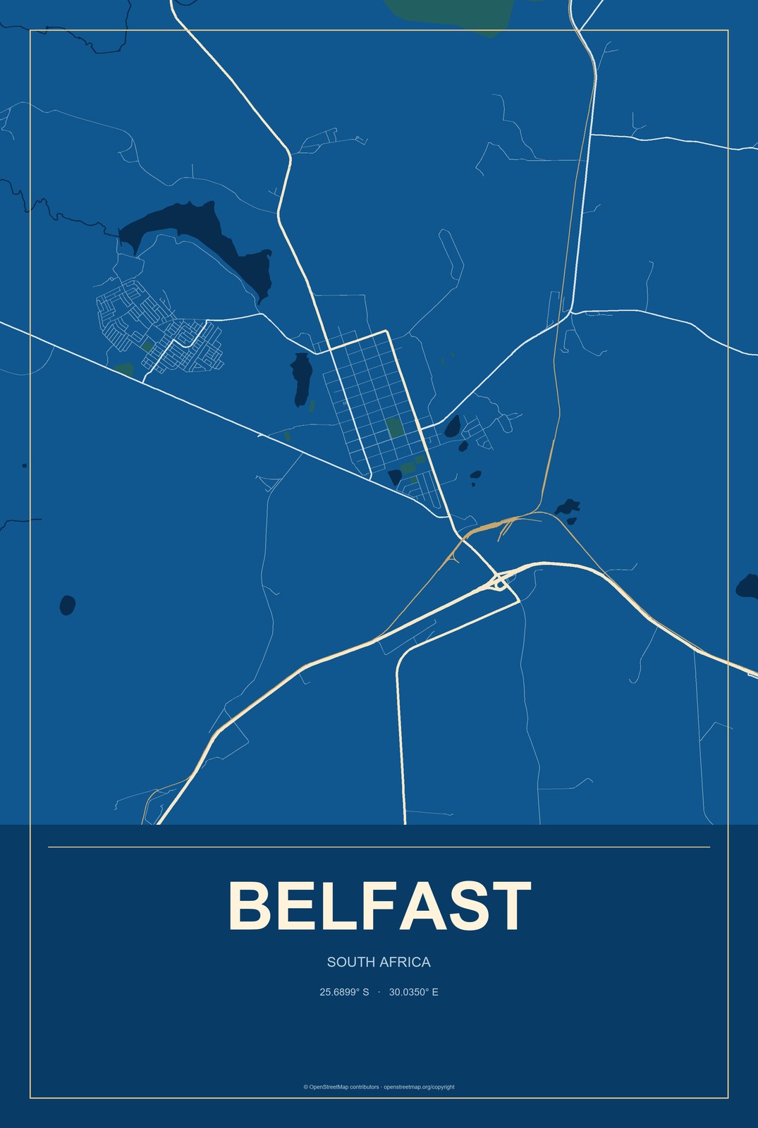 Belfast, South Africa City Map Aluminum Sign in Harbor Cobalt style
