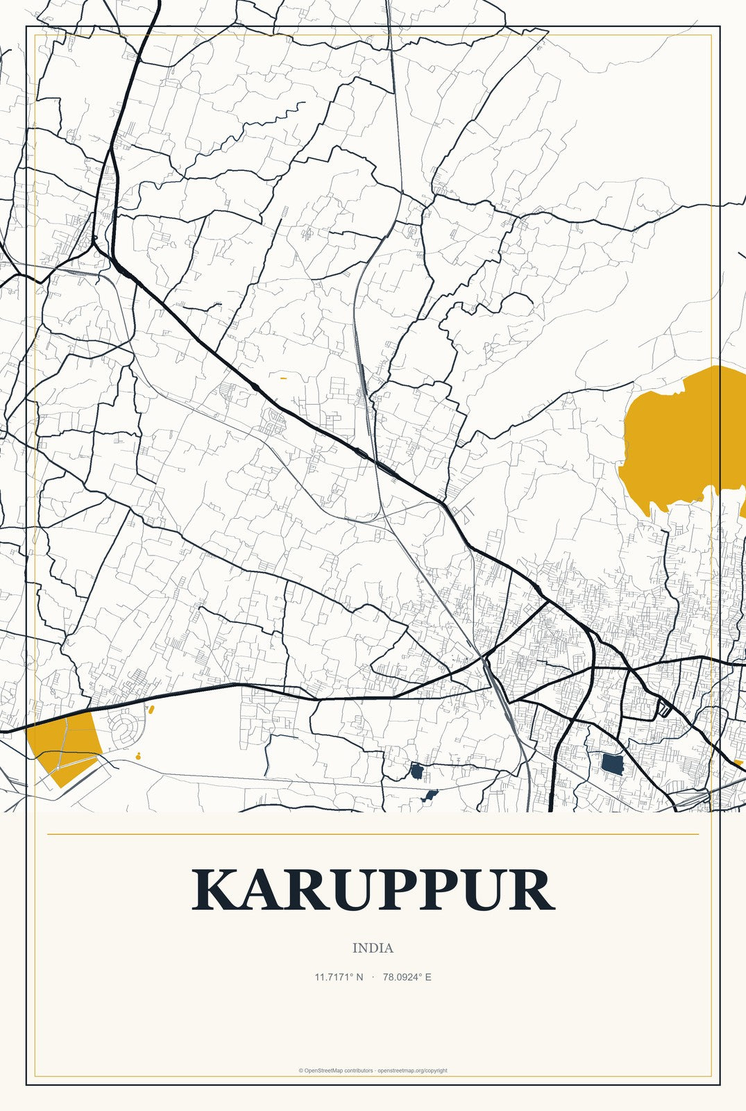 Karuppur, India City Map Aluminum Sign in Citrine Modern style