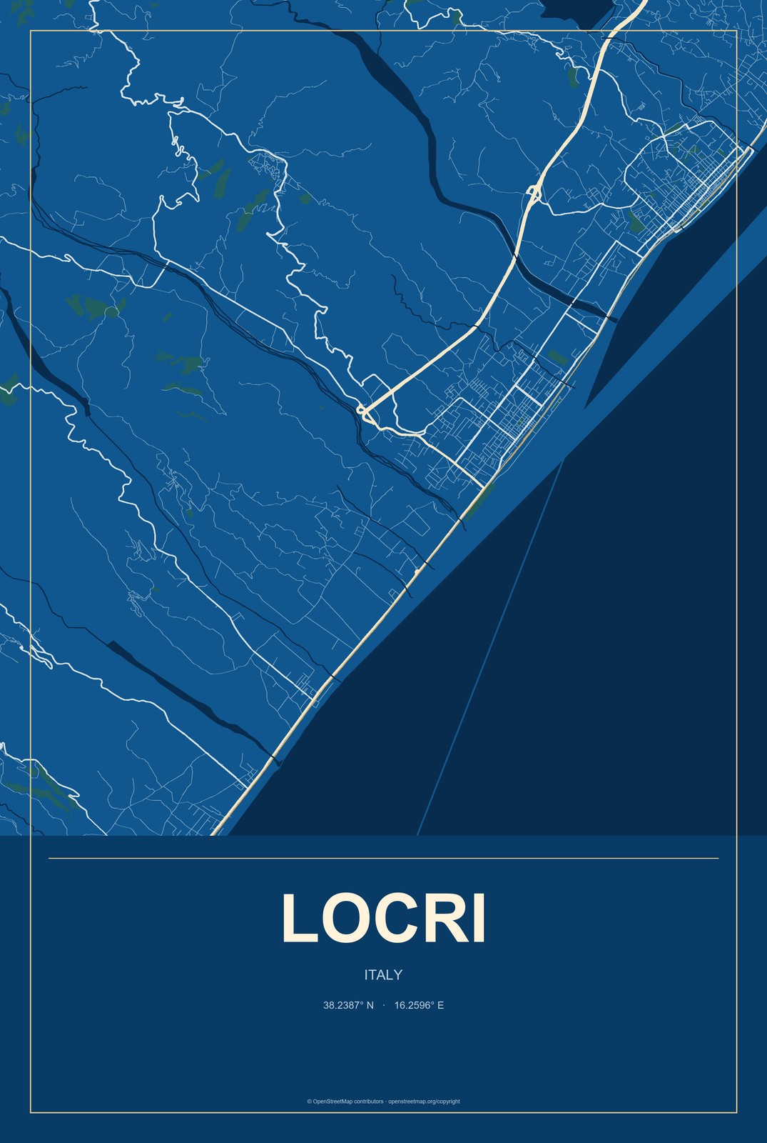 Locri, Italy City Map Aluminum Sign in Harbor Cobalt style