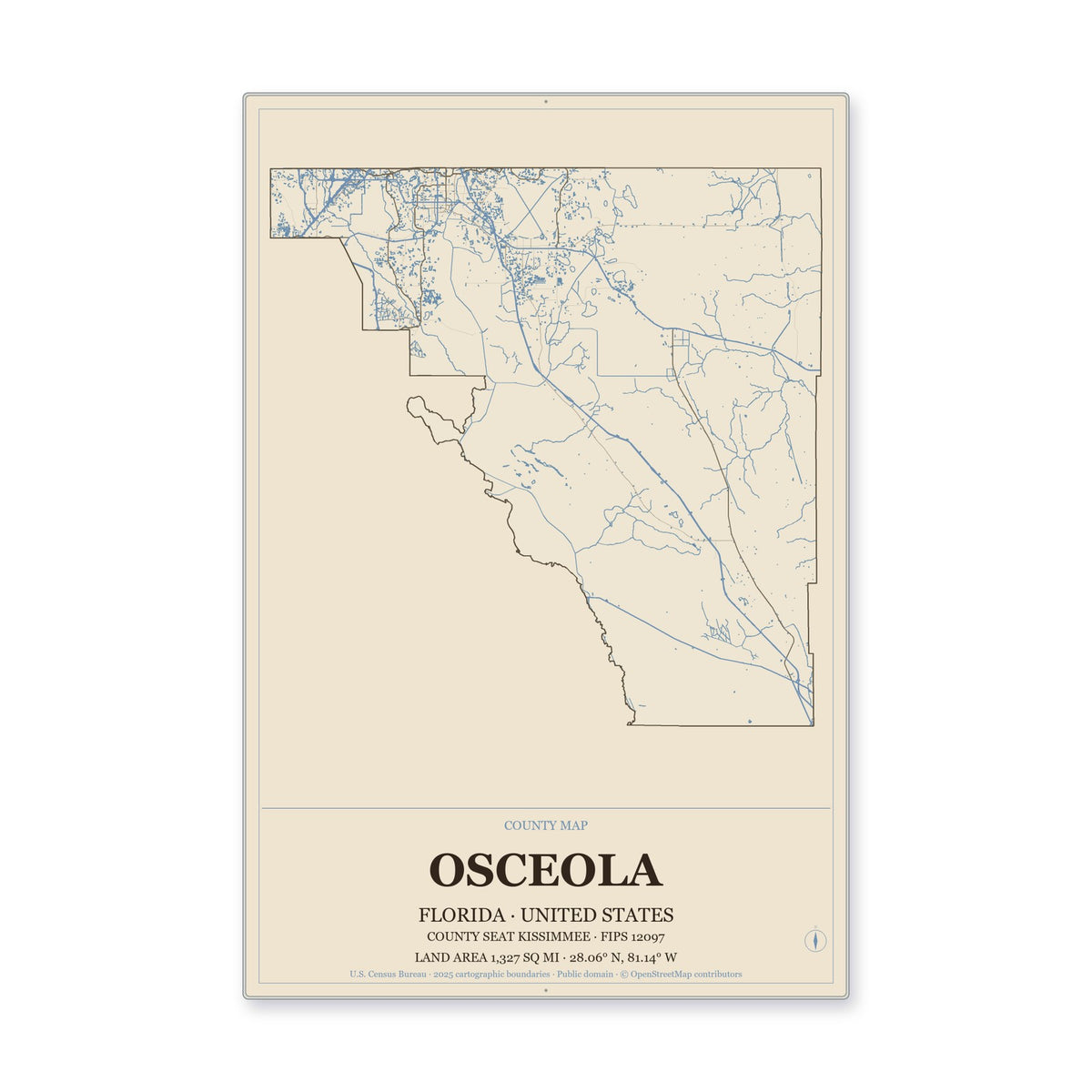 Osceola County, Florida Map Aluminum Sign in Heritage Nautical style