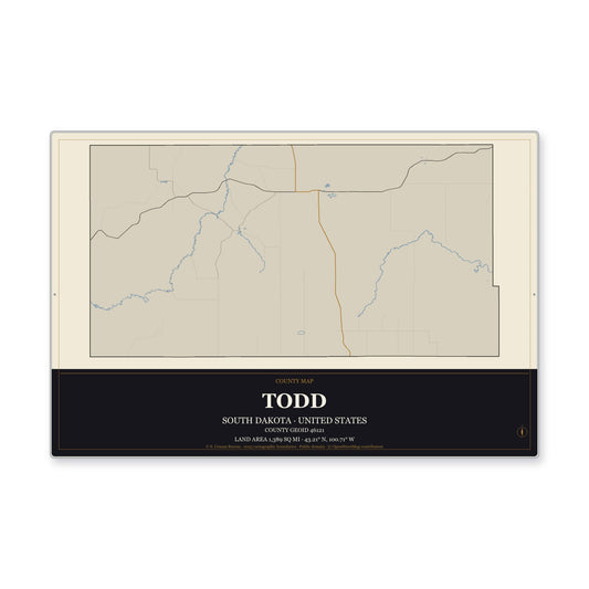 Todd County, South Dakota Map Aluminum Sign in Museum Plaque style