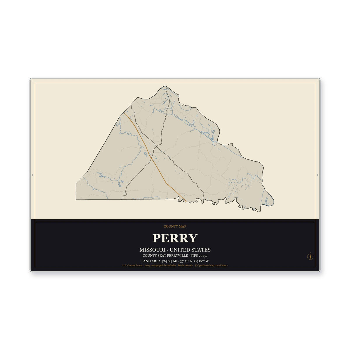 Perry County, Missouri Map Aluminum Sign in Museum Plaque style
