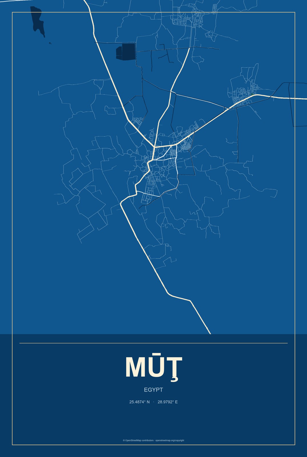 Mūţ, Egypt City Map Aluminum Sign in Harbor Cobalt style