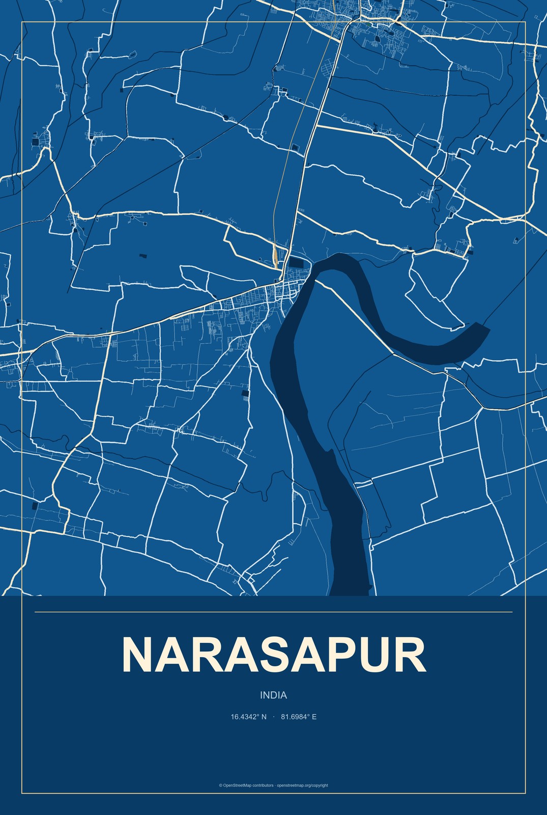 Narasapur, India City Map Aluminum Sign in Harbor Cobalt style