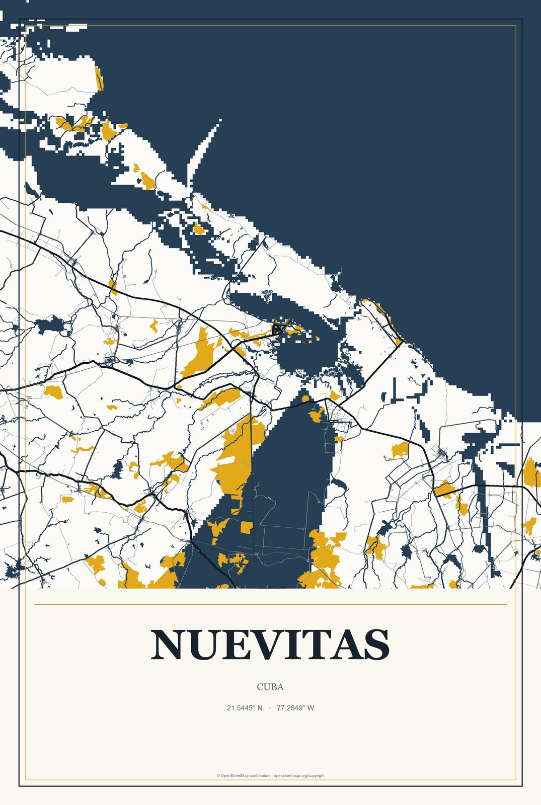 Nuevitas, Cuba City Map Aluminum Sign in Citrine Modern style
