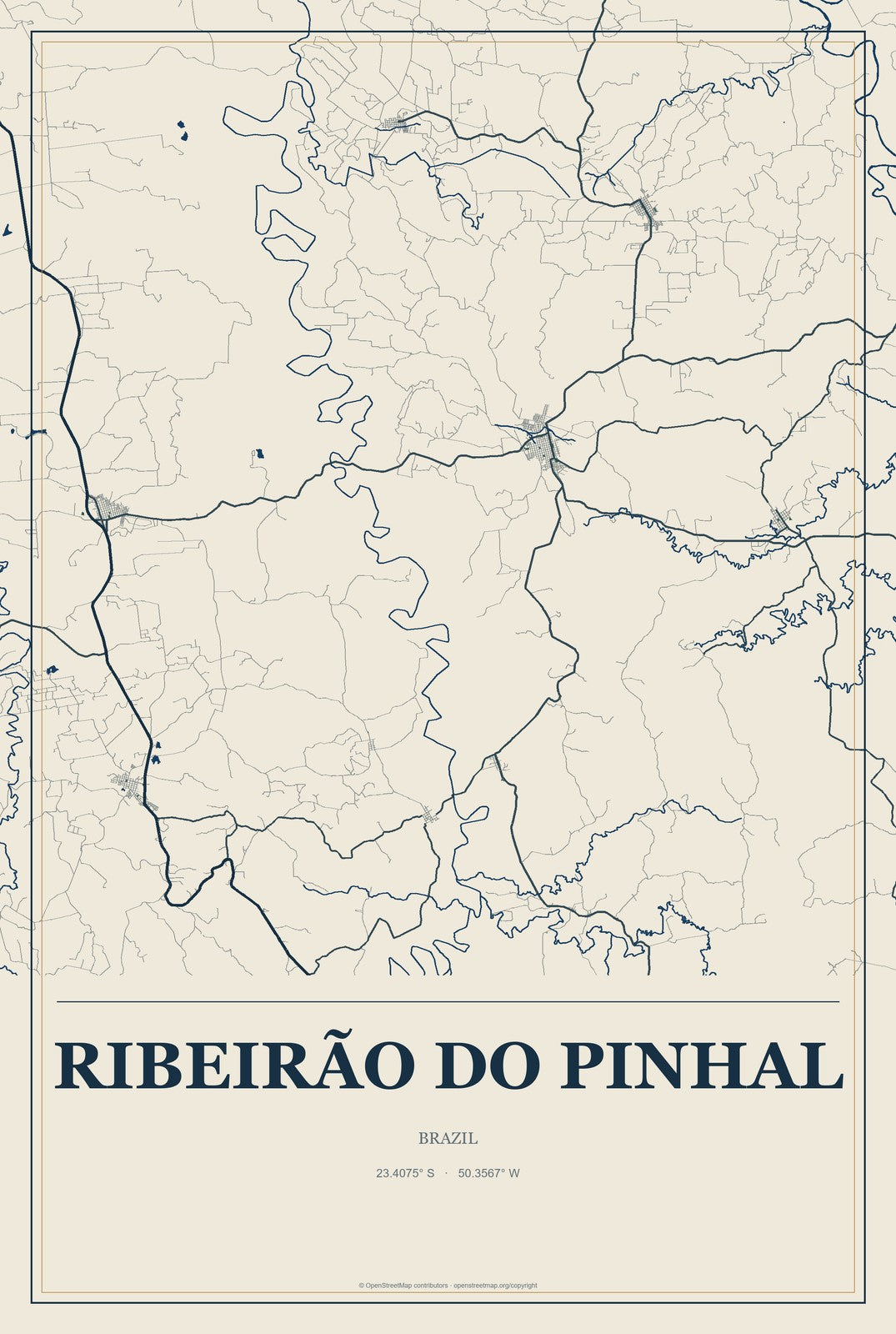 Ribeirão do Pinhal, Brazil City Map Aluminum Sign in Coastal Cutout style
