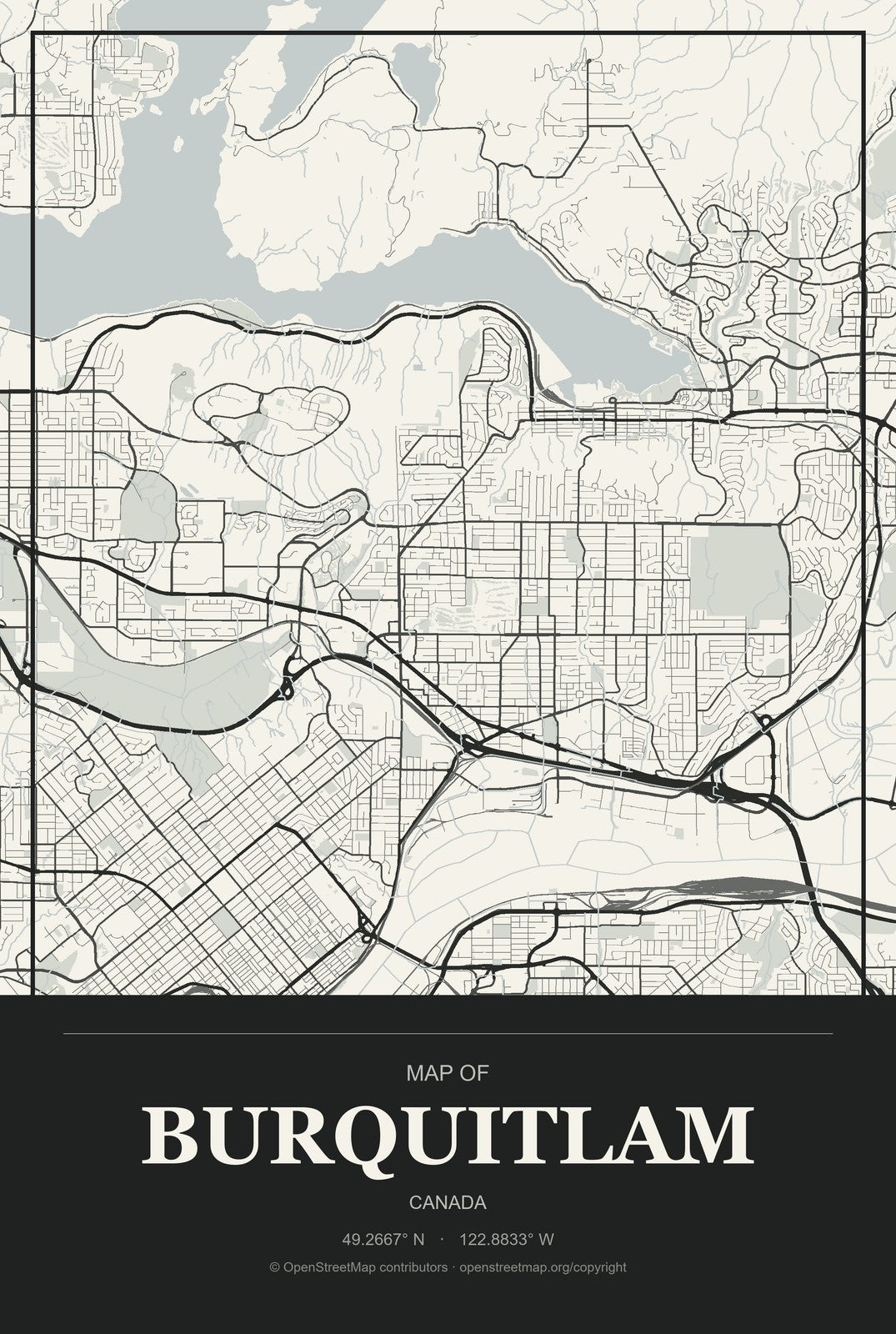 Burquitlam, Canada City Map Aluminum Sign in Museum Plaque style