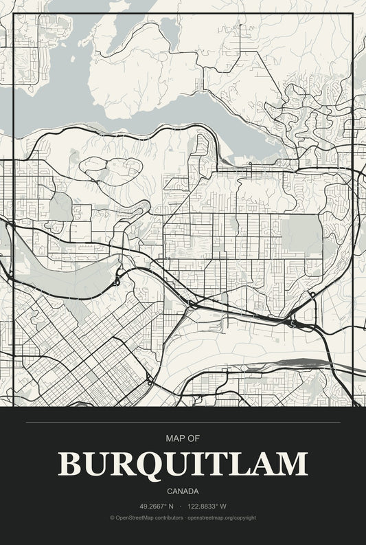 Burquitlam, Canada City Map Aluminum Sign in Museum Plaque style