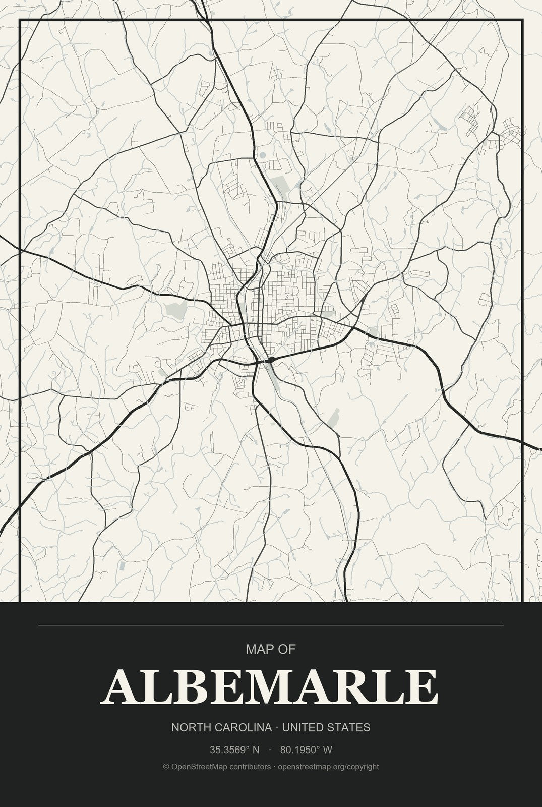 Albemarle, North Carolina City Map Aluminum Sign in Museum Plaque style