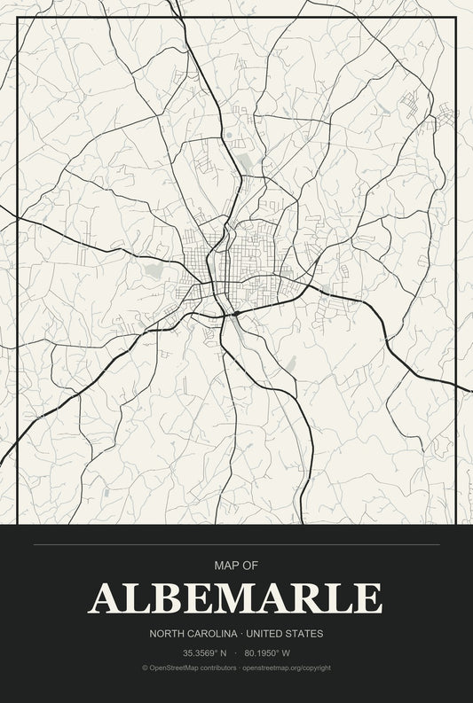 Albemarle, North Carolina City Map Aluminum Sign in Museum Plaque style