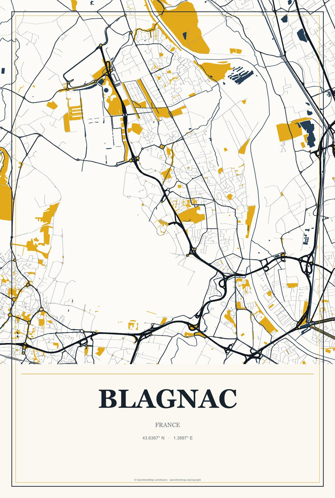 Blagnac, France City Map Aluminum Sign in Citrine Modern style