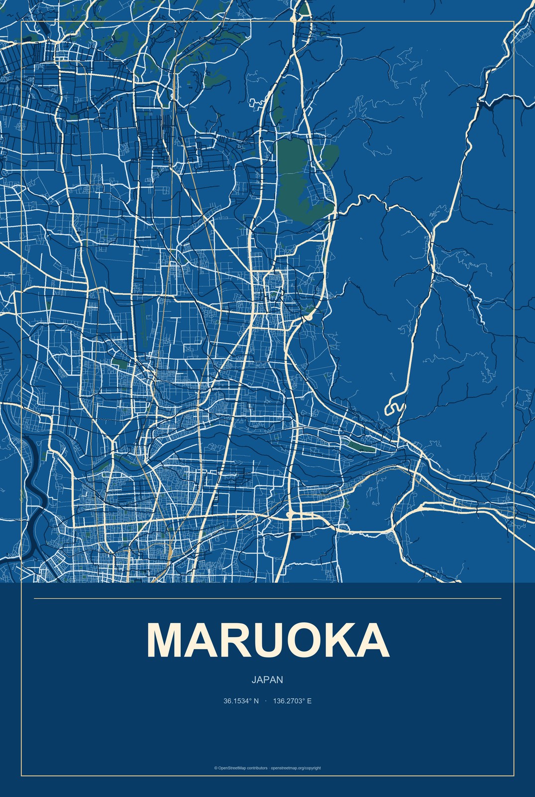 Maruoka, Japan City Map Aluminum Sign in Harbor Cobalt style