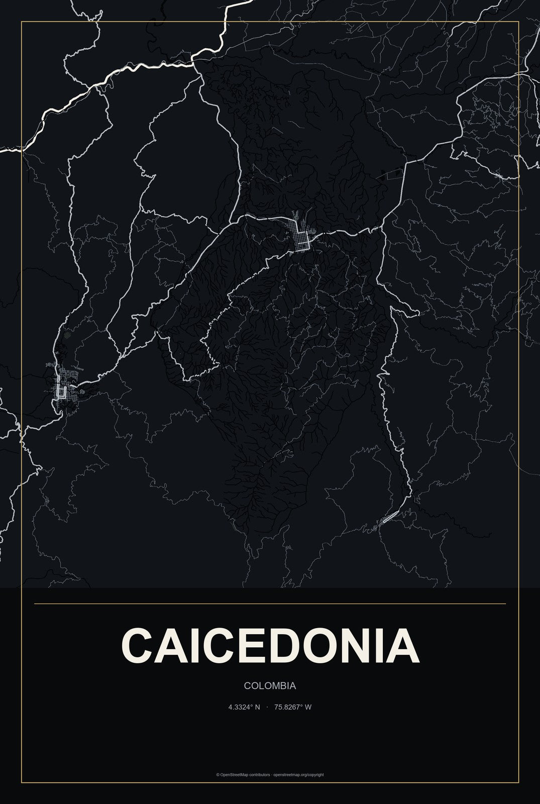 Caicedonia, Colombia City Map Aluminum Sign in Metropolitan Noir style
