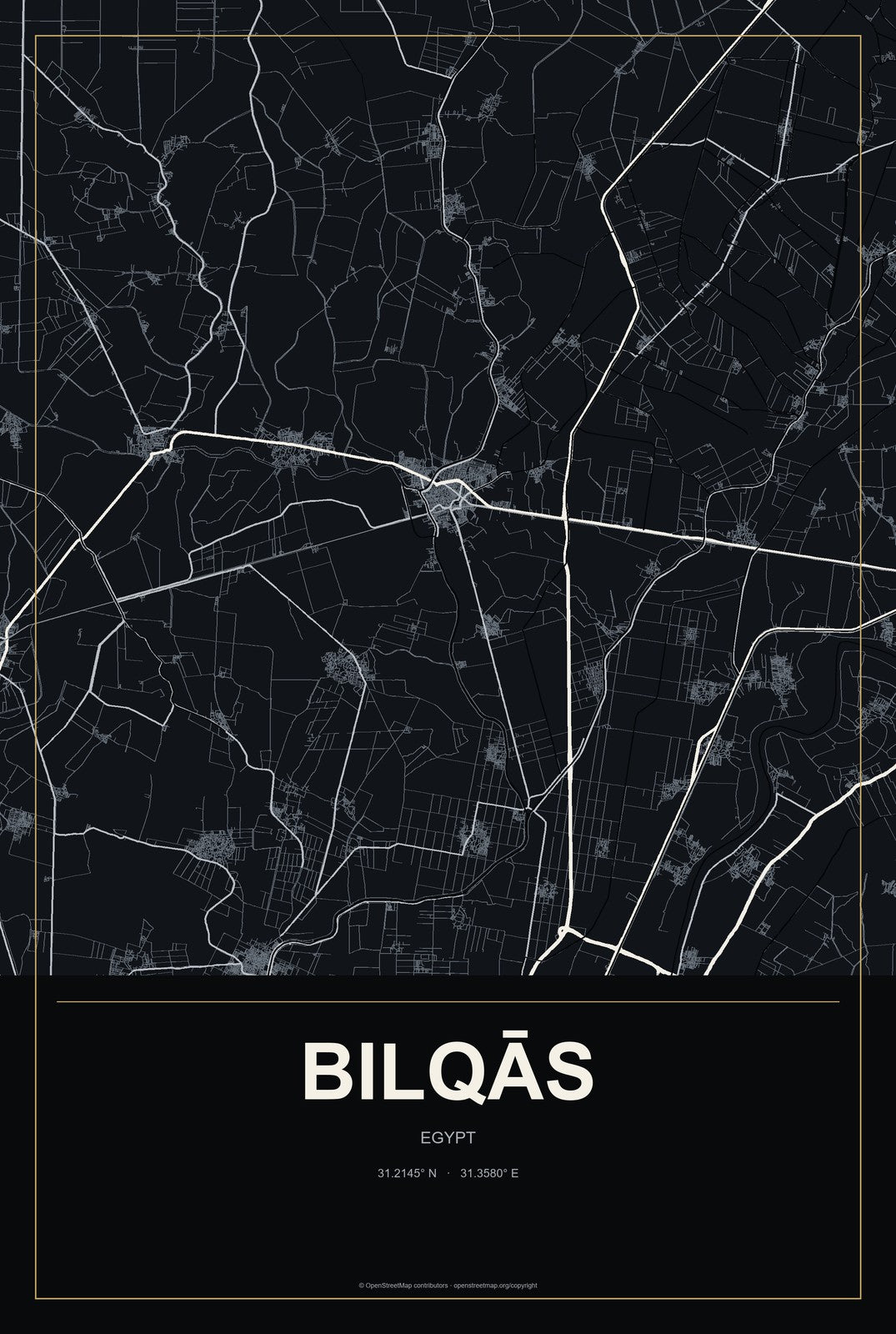 Bilqās, Egypt City Map Aluminum Sign in Metropolitan Noir style