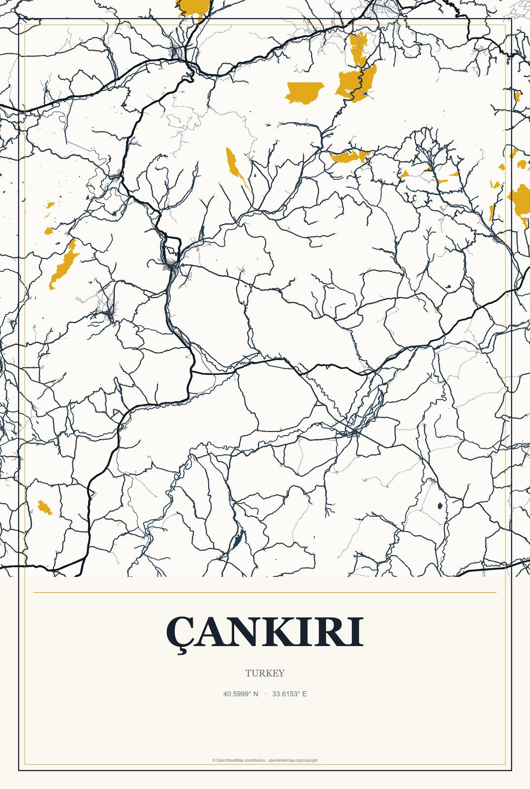 Çankırı, Turkey City Map Aluminum Sign in Citrine Modern style