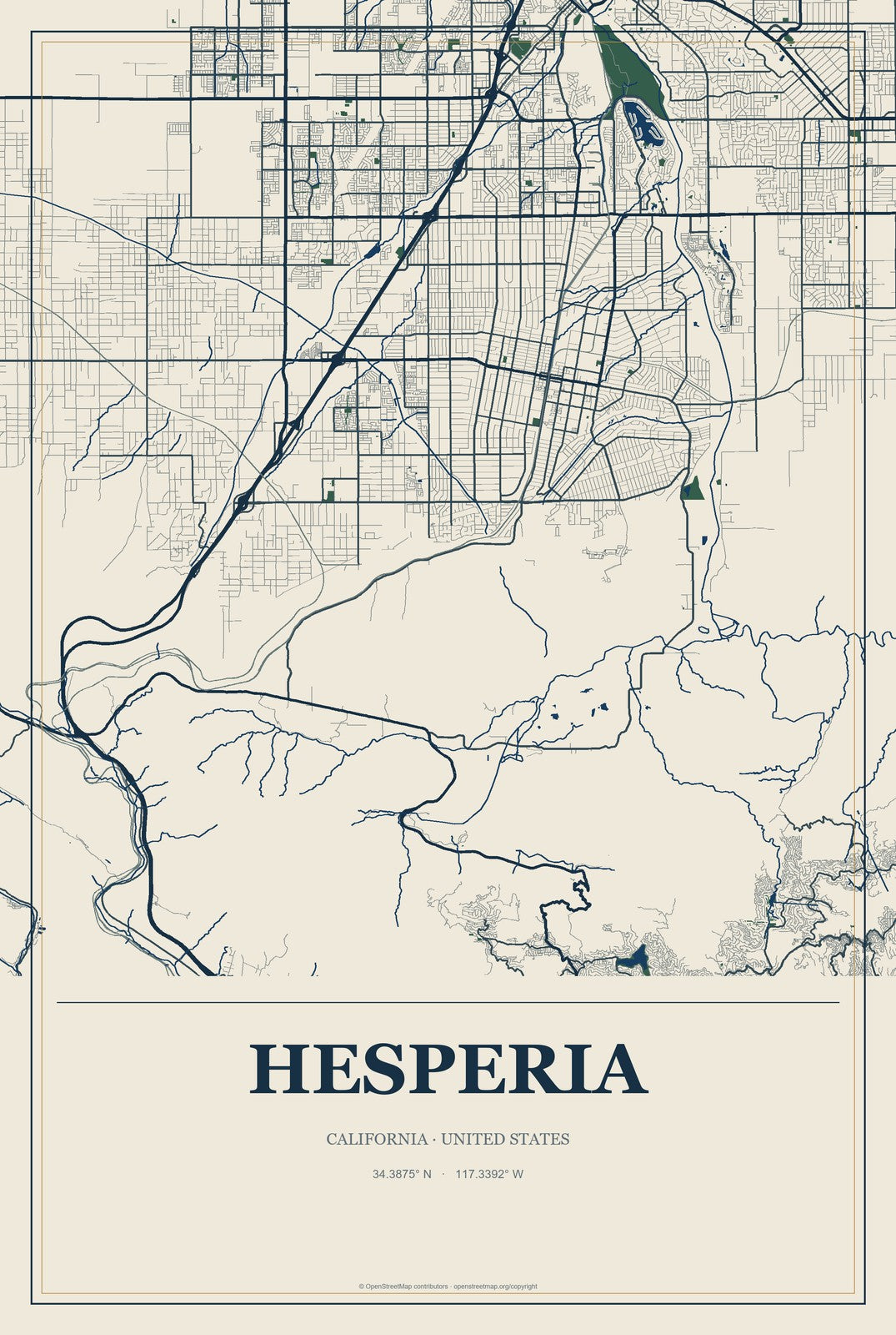 Hesperia, California City Map Aluminum Sign in Coastal Cutout style