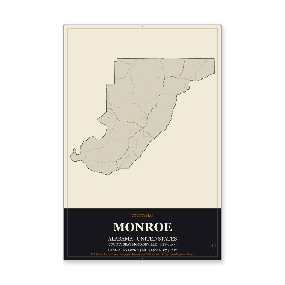Monroe County, Alabama Map Aluminum Sign in Museum Plaque style