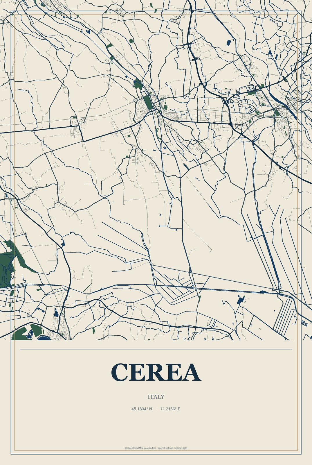 Cerea, Italy City Map Aluminum Sign in Coastal Cutout style
