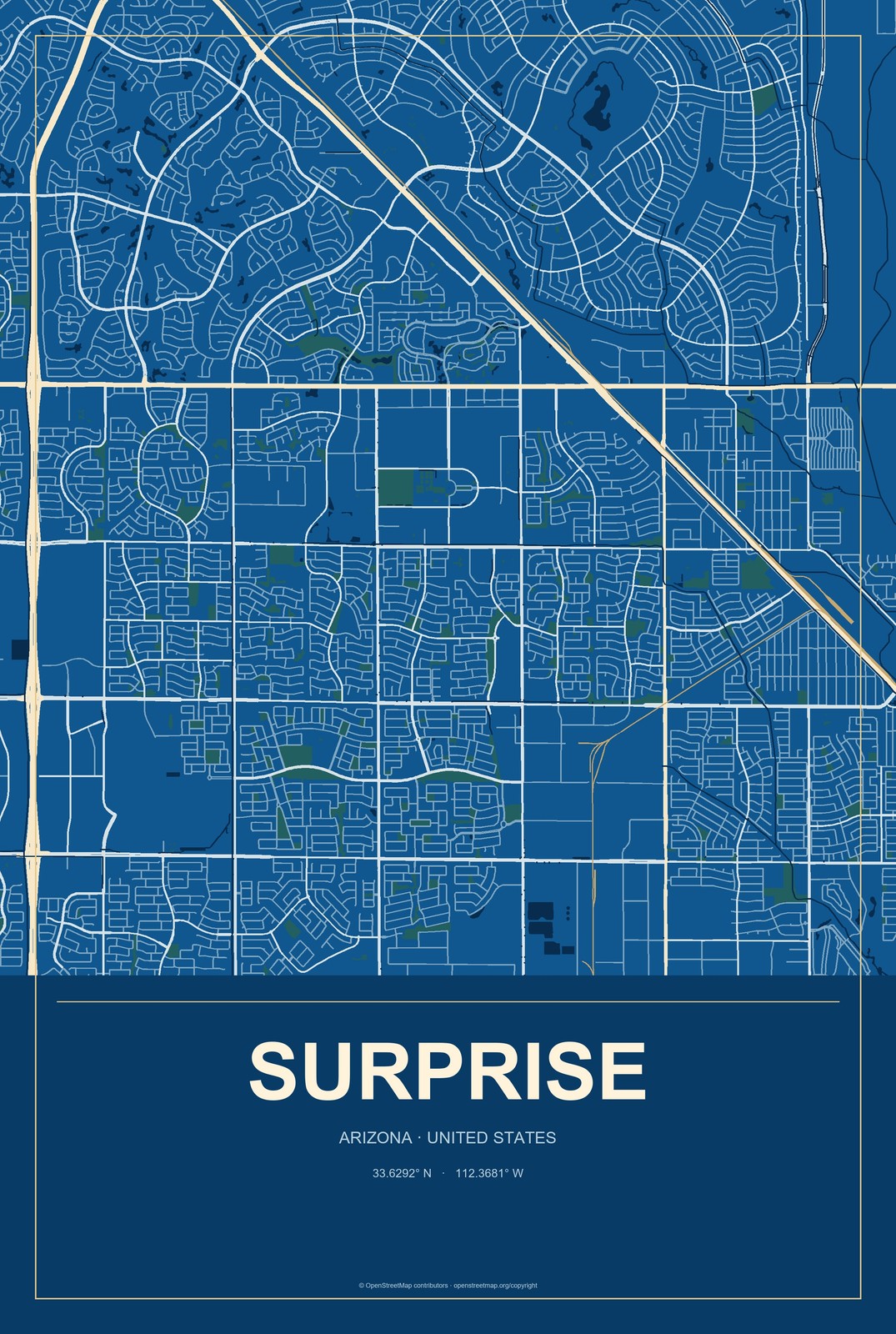 Surprise, Arizona City Map Aluminum Sign in Harbor Cobalt style