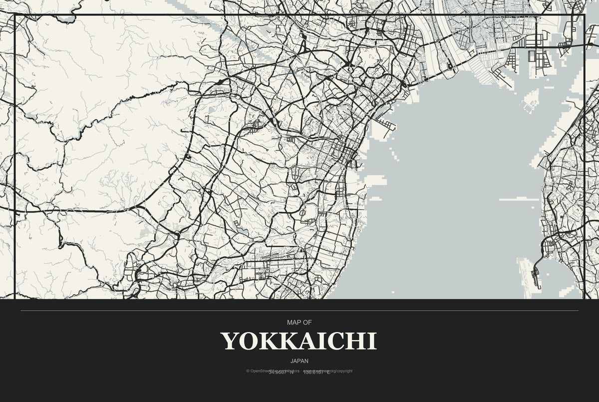 Yokkaichi, Mie, Japan City Map Aluminum Sign in Museum Plaque style