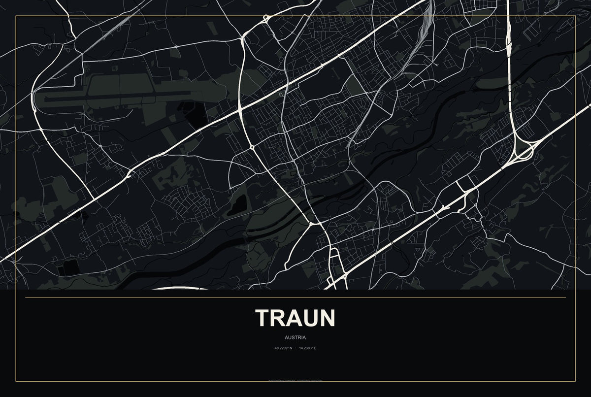 Traun, Austria City Map Aluminum Sign in Metropolitan Noir style