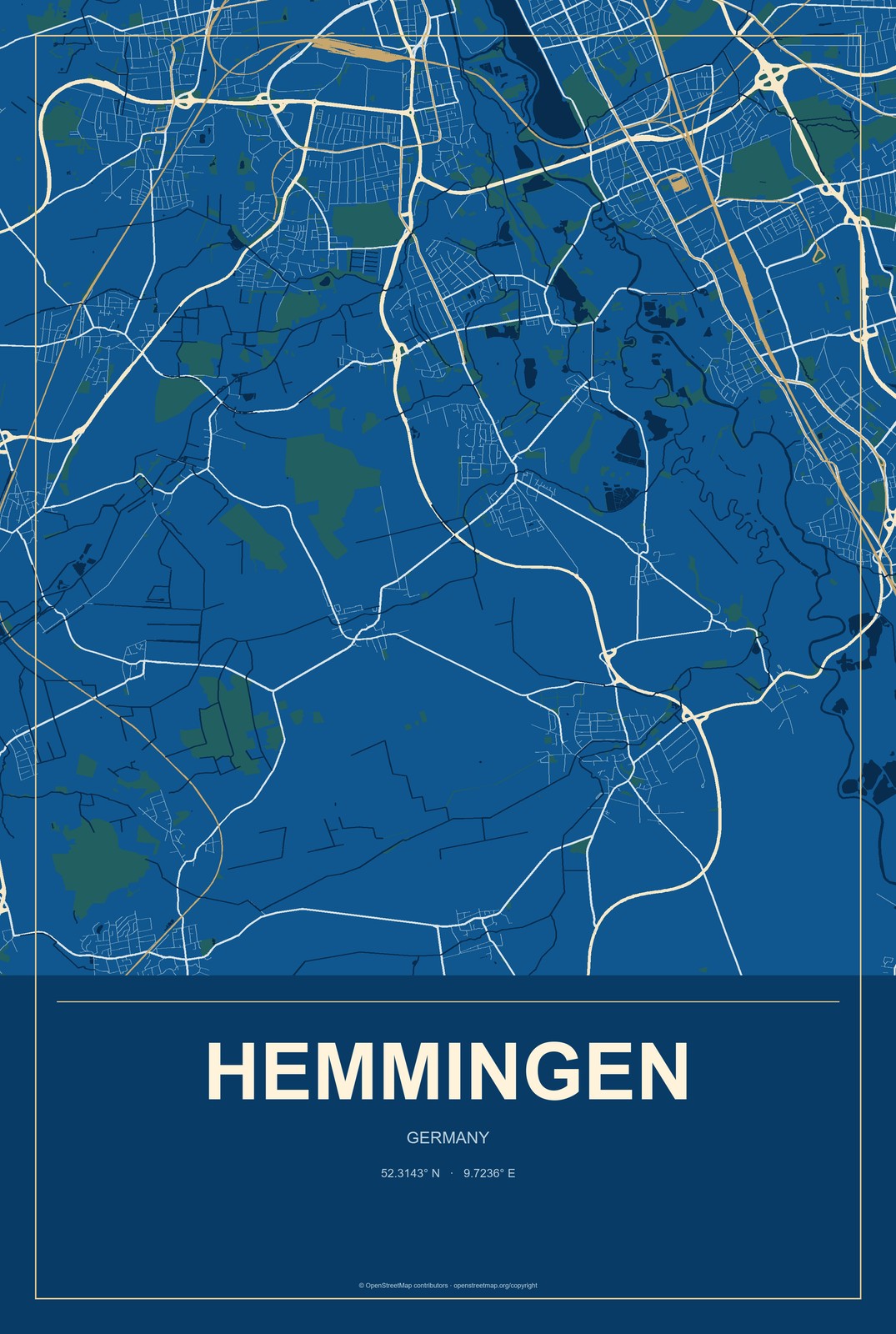 Hemmingen, Germany City Map Aluminum Sign in Harbor Cobalt style