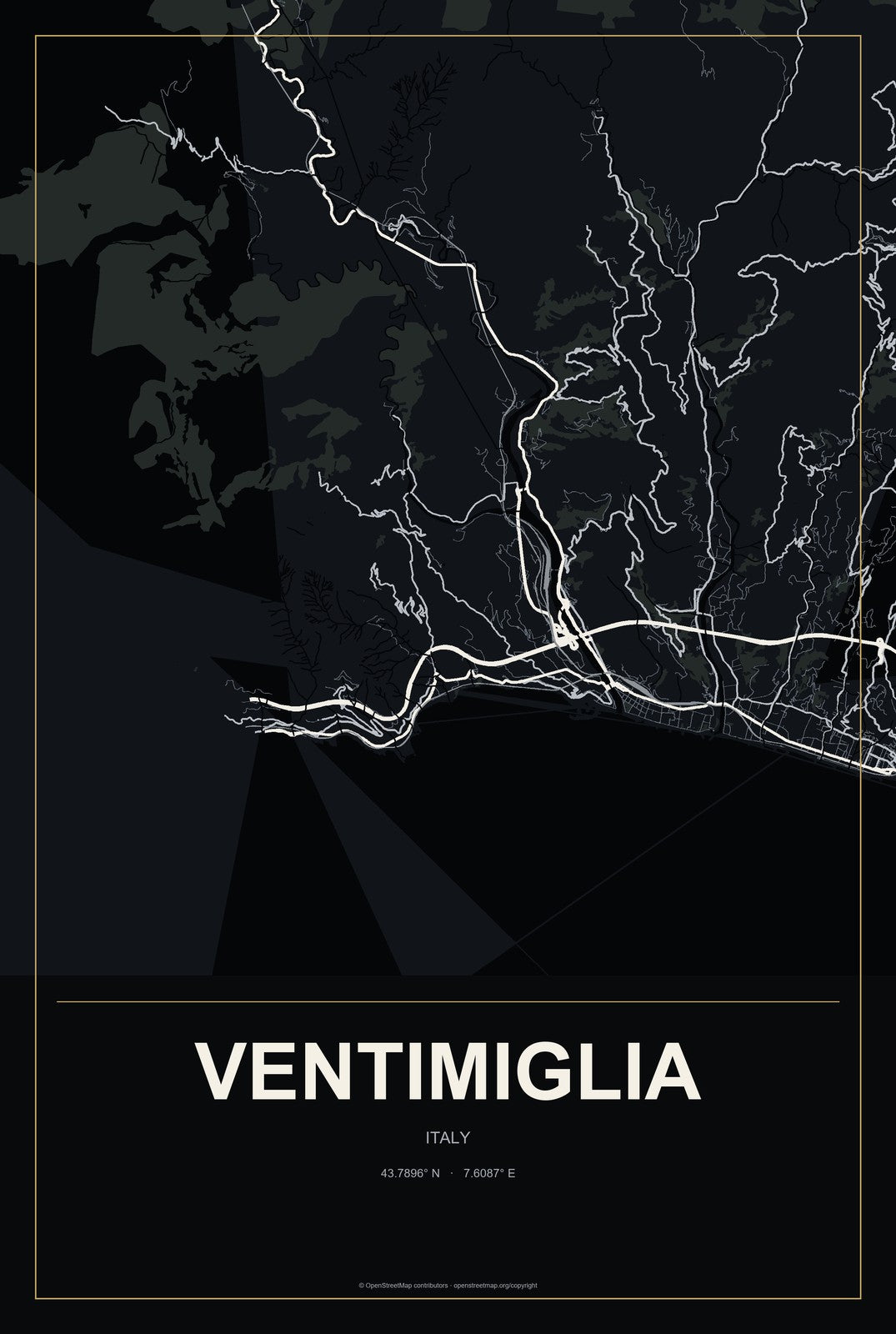 Ventimiglia, Italy City Map Aluminum Sign in Metropolitan Noir style