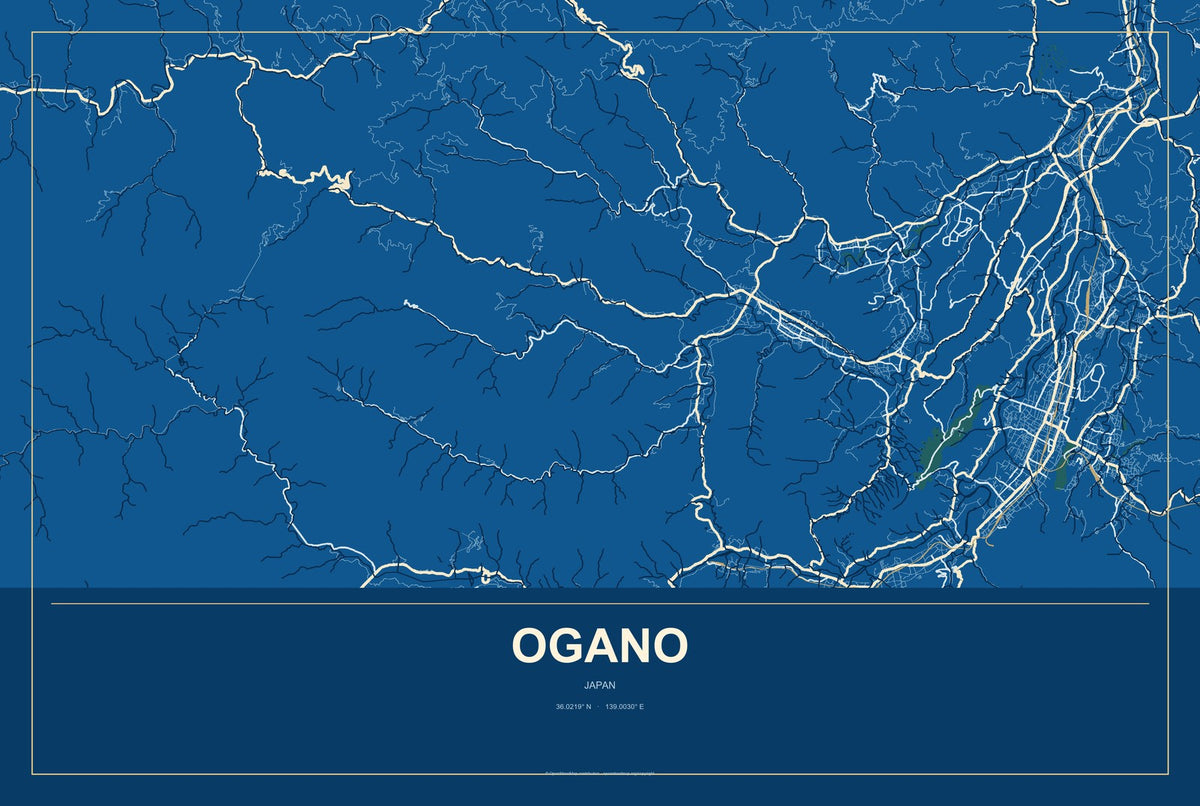 Ogano, Japan City Map Aluminum Sign in Harbor Cobalt style