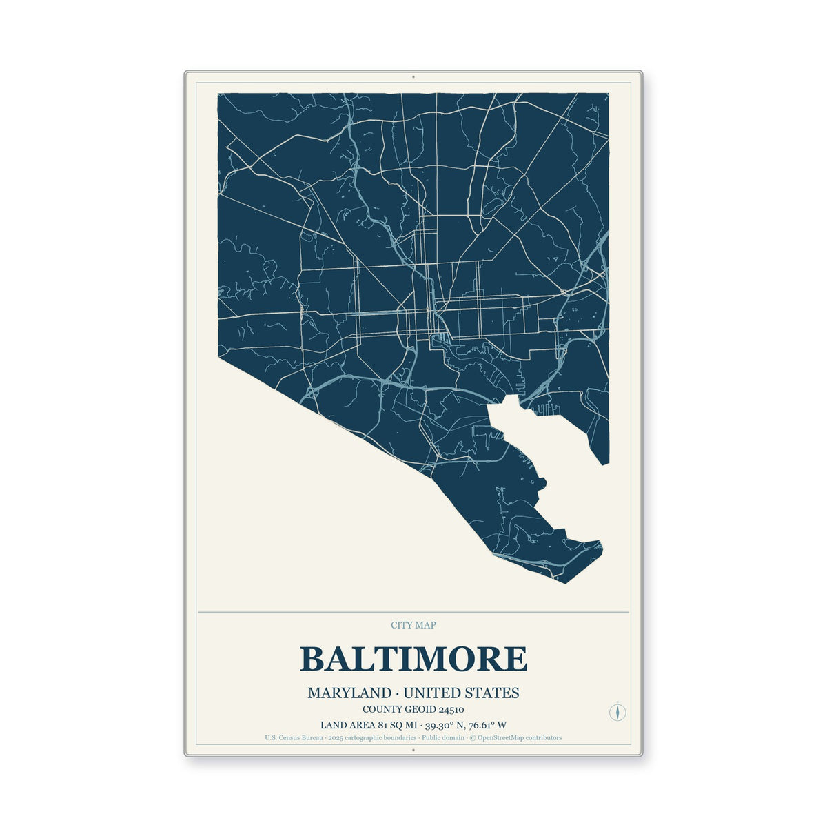 Baltimore city, Maryland Map Aluminum Sign in Coastal Cutout style