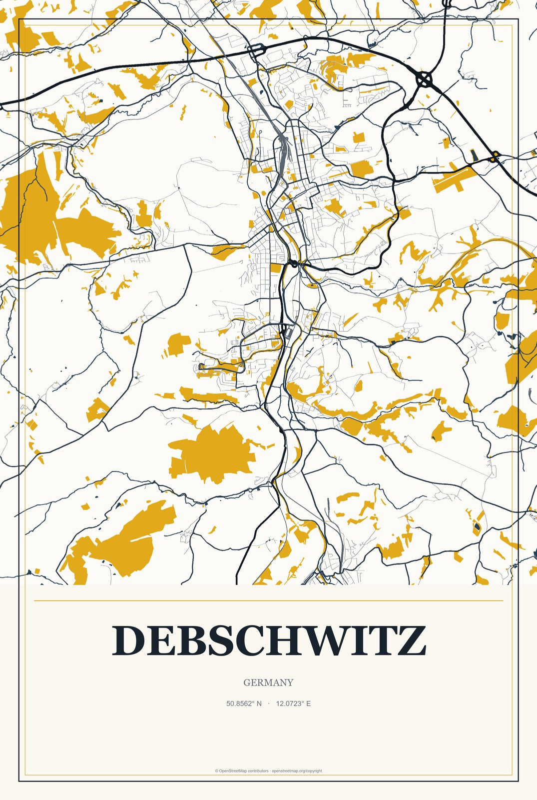 Debschwitz, Germany City Map Aluminum Sign in Citrine Modern style