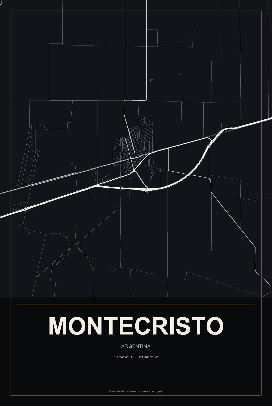 Montecristo, Argentina City Map Aluminum Sign in Metropolitan Noir style