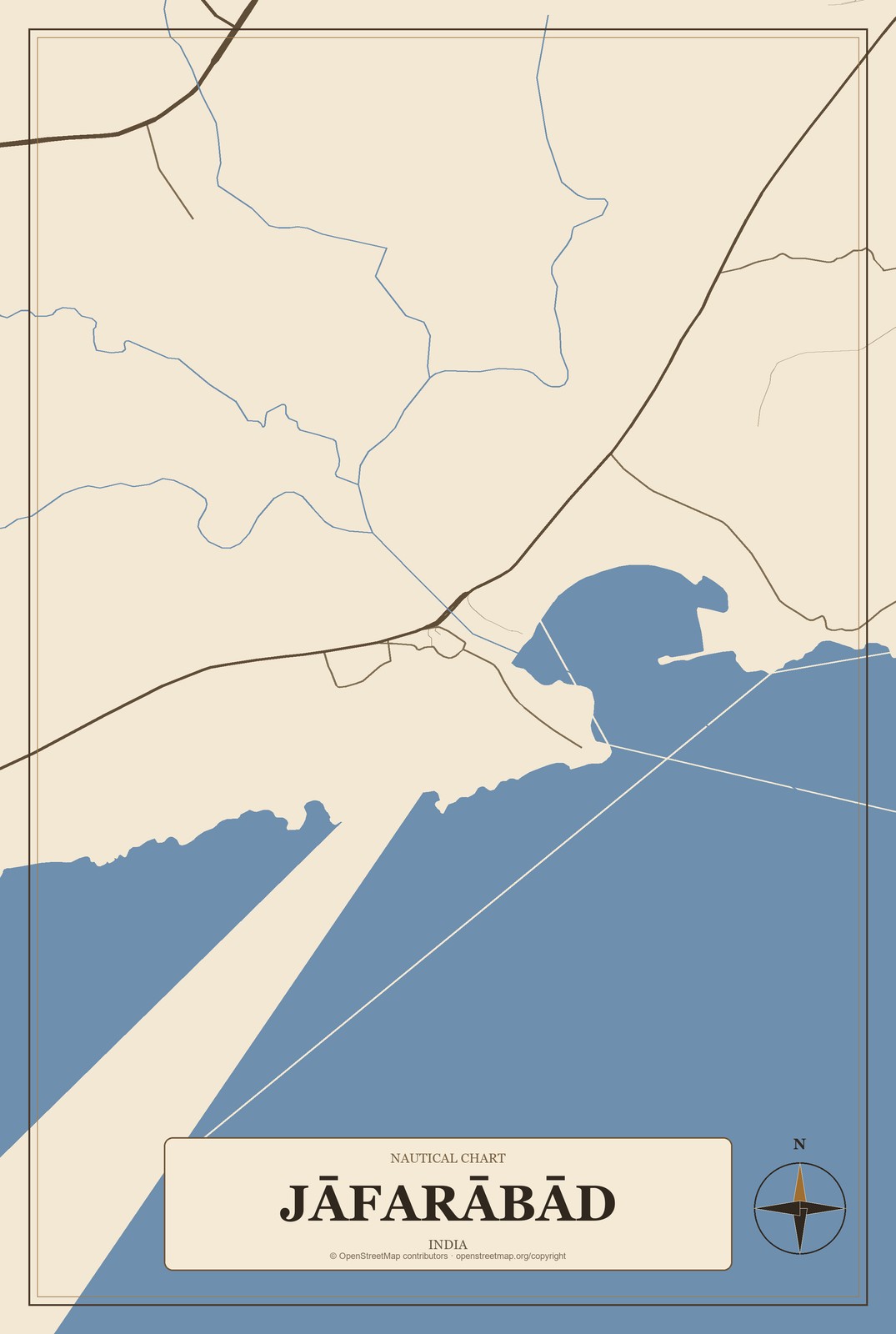Jāfarābād, India City Map Aluminum Sign in Heritage Nautical style
