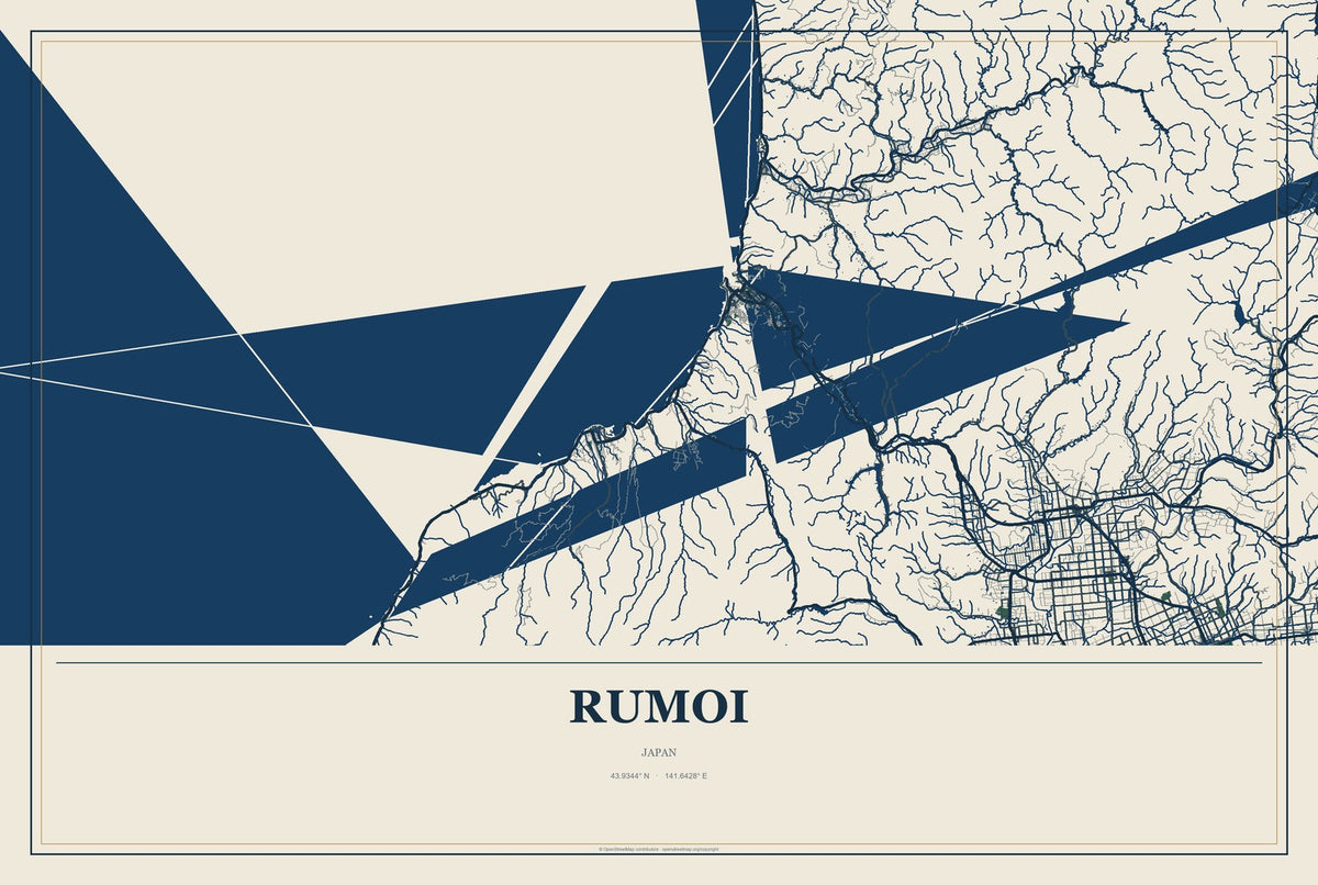 Rumoi, Japan City Map Aluminum Sign in Coastal Cutout style